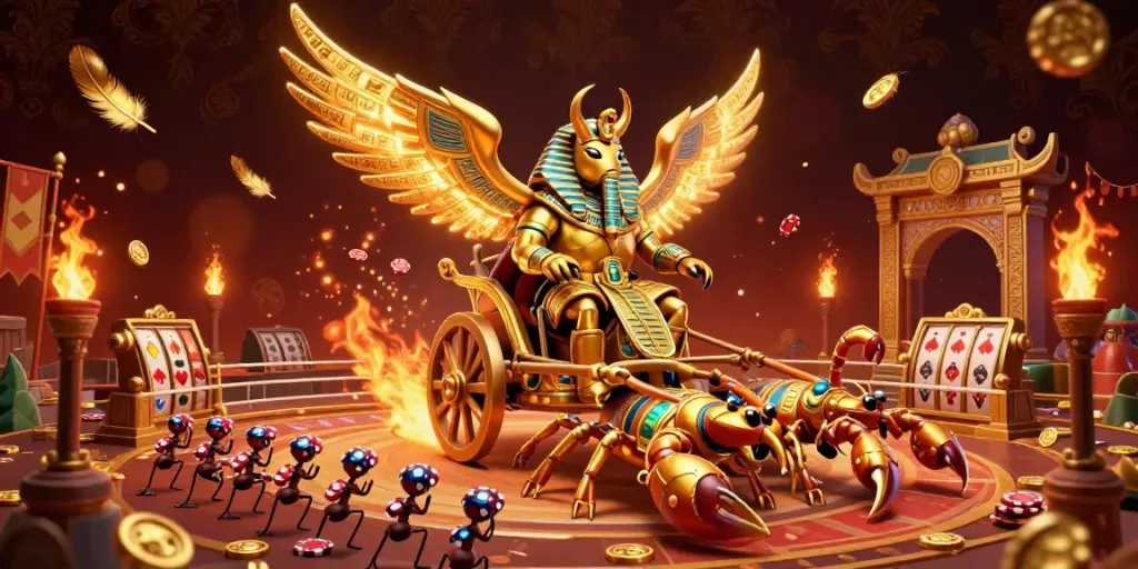 Experience thrilling gameplay with 0phzzz as a golden scarab rides into action surrounded by dynamic casino elements.
