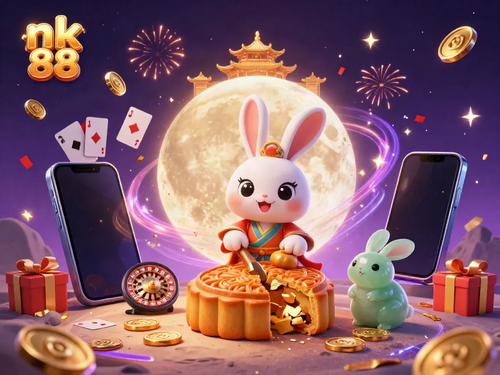 Experience nk 88 with a joyful moon rabbit, poker chips, and festive casino elements in a vibrant scene.