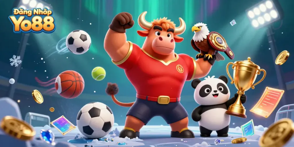 Engage in Đăng Nhập Yo88 with a dynamic scene featuring iconic characters celebrating wins.