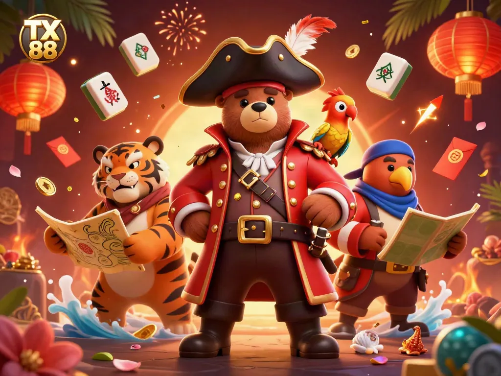 Engage in thrilling adventures with TX 88 as pirate characters celebrate winnings amidst vibrant casino elements.