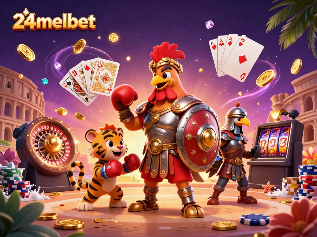 Experience gambling excitement with 24melbet as a rooster gladiator and tiger cub at play.