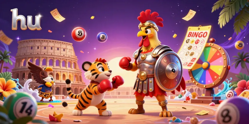 Engage with hu's vibrant lottery scene featuring cartoon characters and dynamic casino elements.