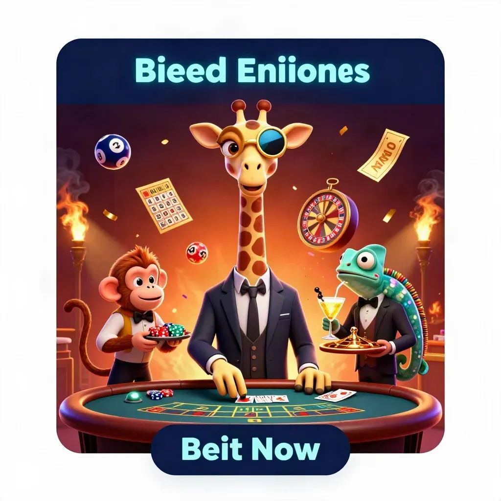 Giraffe, monkey, and chameleon in neon casino chaos with spinning games and glowing treasure.
