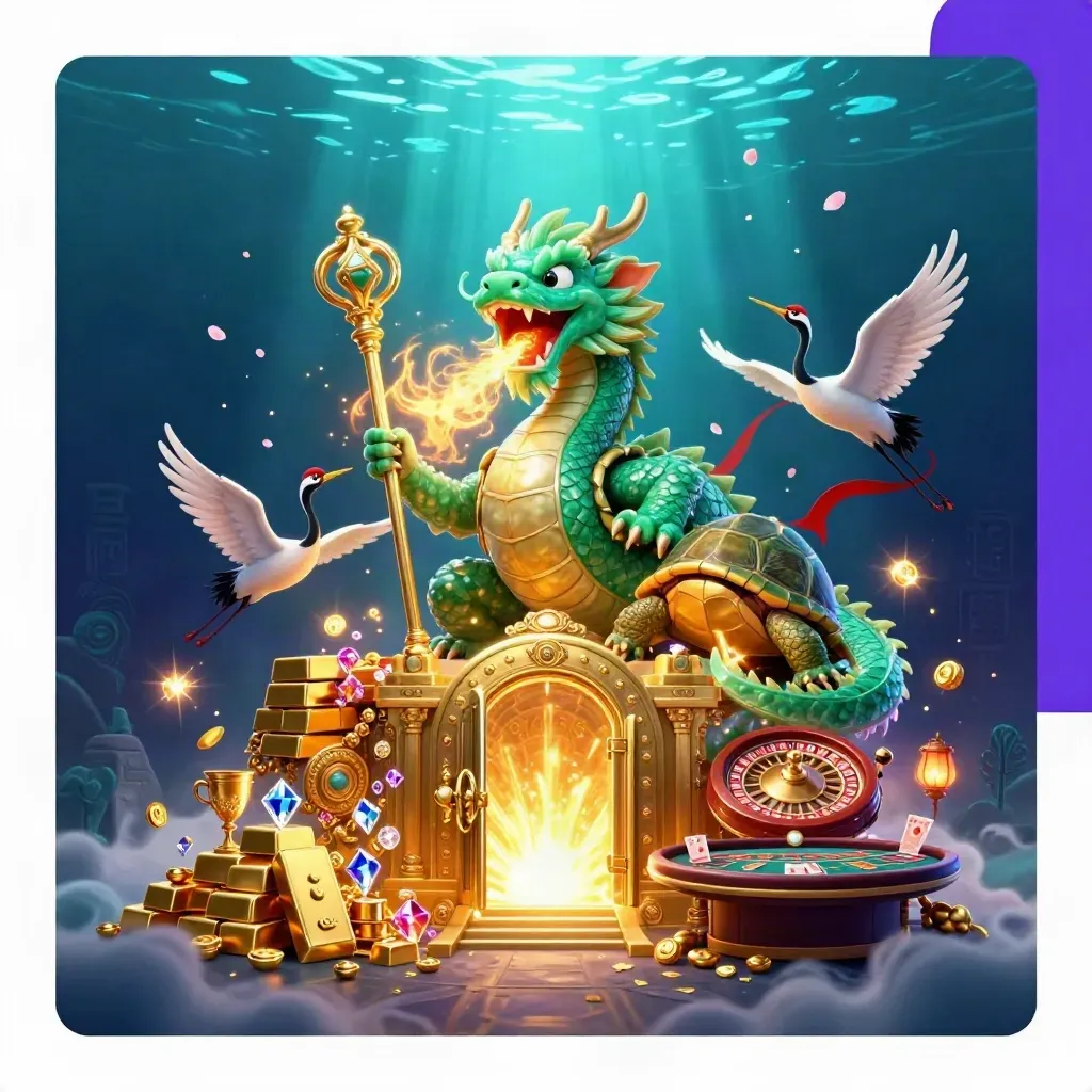 Emerald dragon, turtle sage, and cranes burst from a glowing treasure vault under neon underwater light.