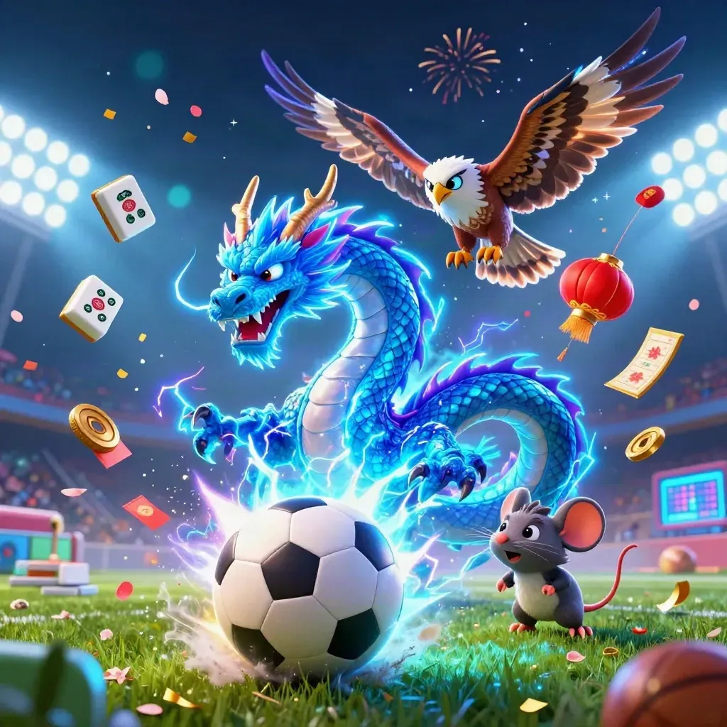 Dragon, hawk, and mouse explode around a soccer ball in neon casino light.