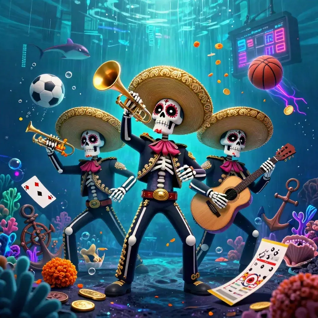 Day-of-the-Dead skeleton mariachi trio in an underwater treasure cove with glowing sports balls and gold