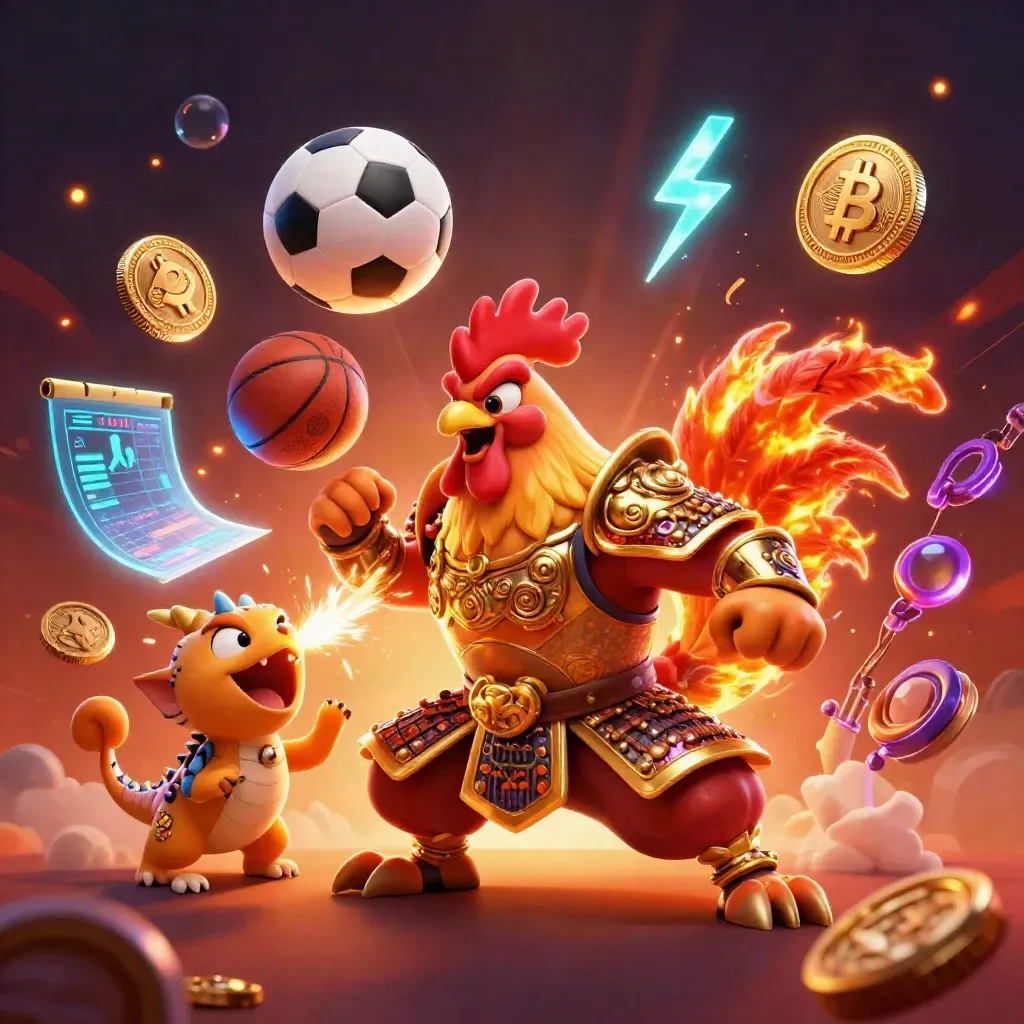 Rooster samurai, spark-breathing dragon hatchling, and cheering fortune-cat amid glowing crypto and sports chaos.