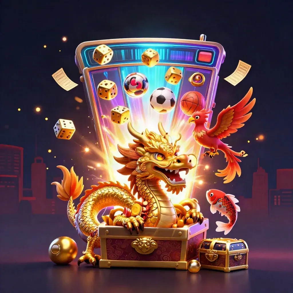Golden dragon, phoenix, koi, and slot burst with sports balls in neon casino light.