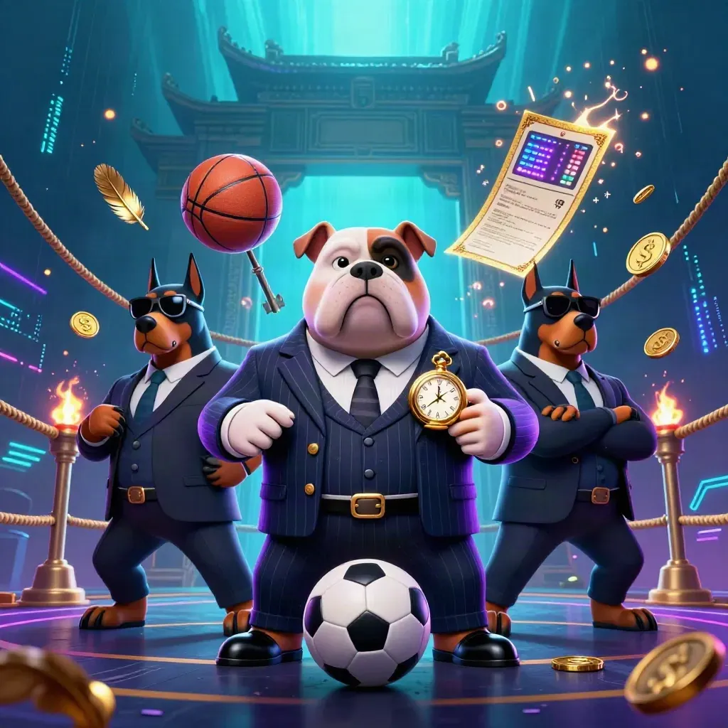 Cartoon bulldog mob boss and Doberman guards with balls, coins, neon casino lights