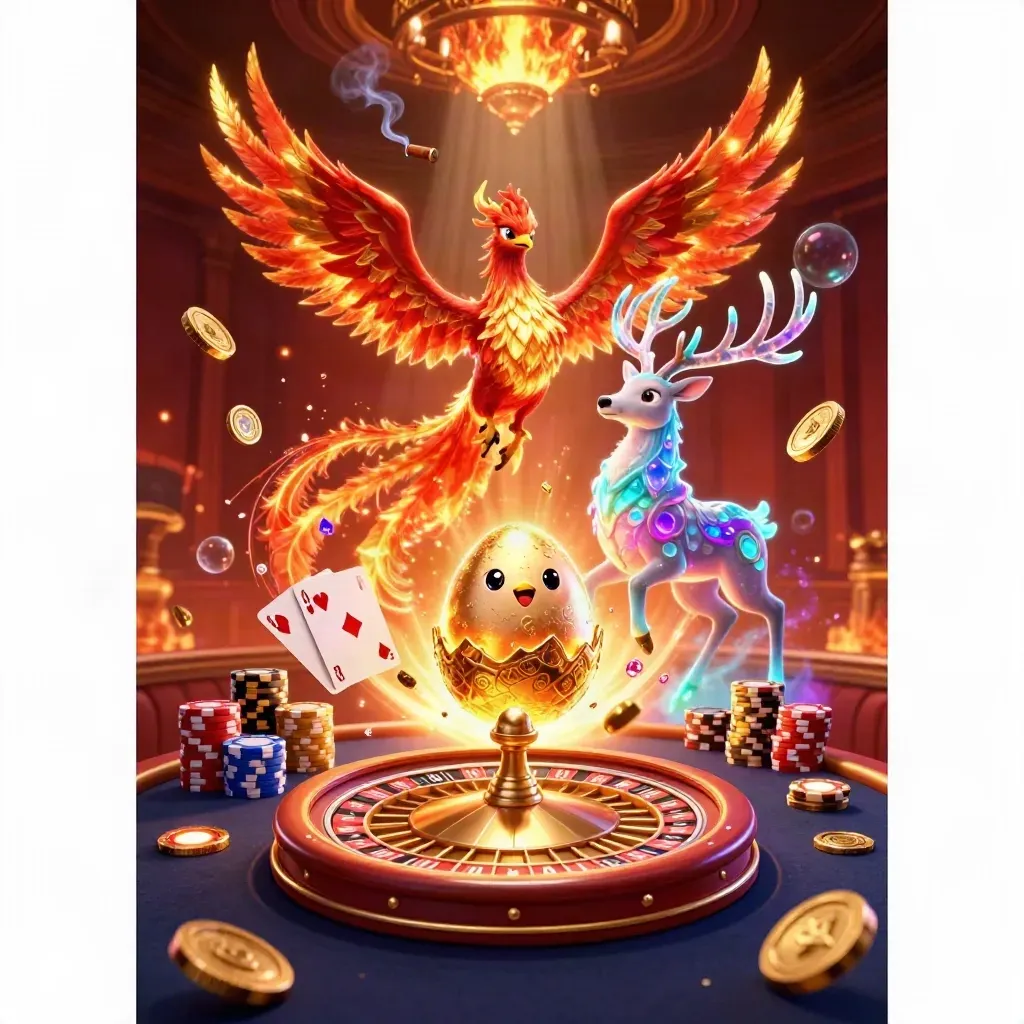 Phoenix, hatching egg, crystalline stag amid spinning casino treasures and glowing neon light.