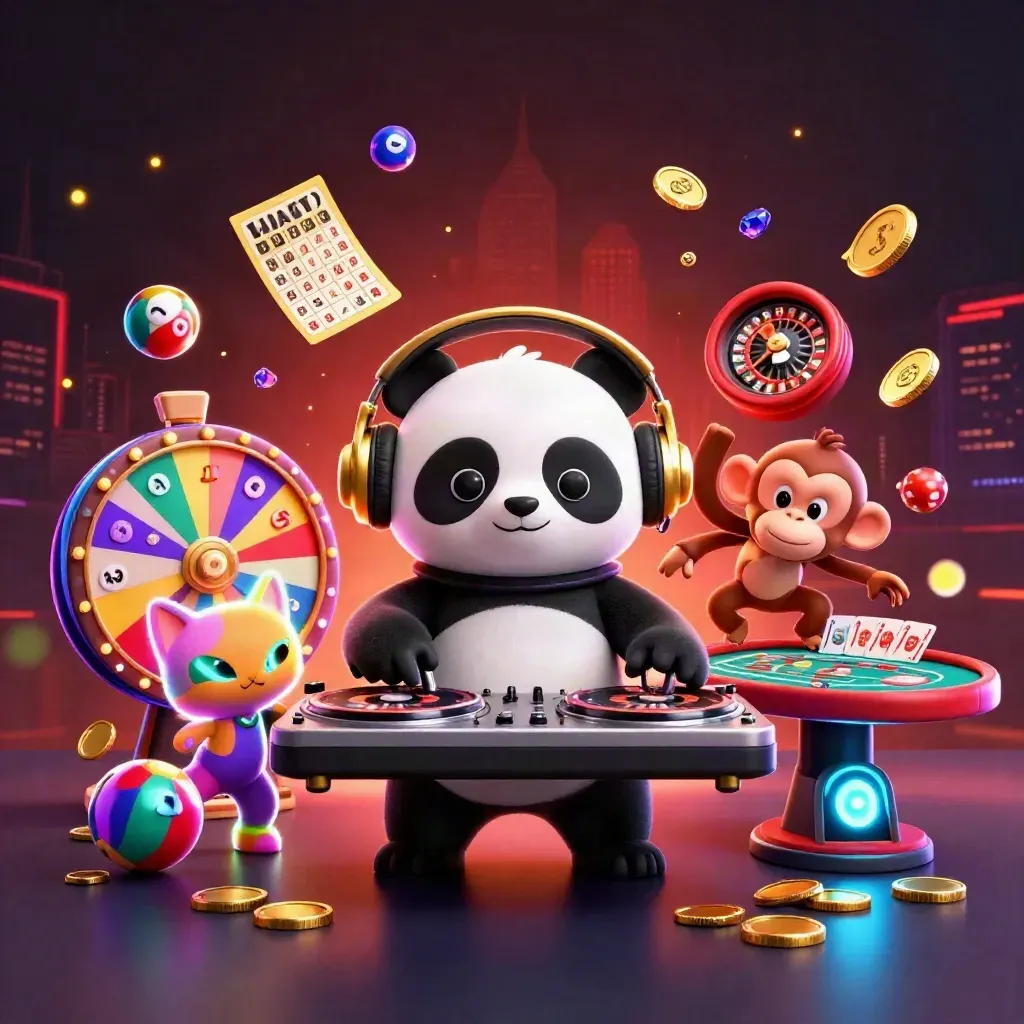 DJ panda, breakdancing monkey, and glow-stick kitten amid casino lights and flying prizes.