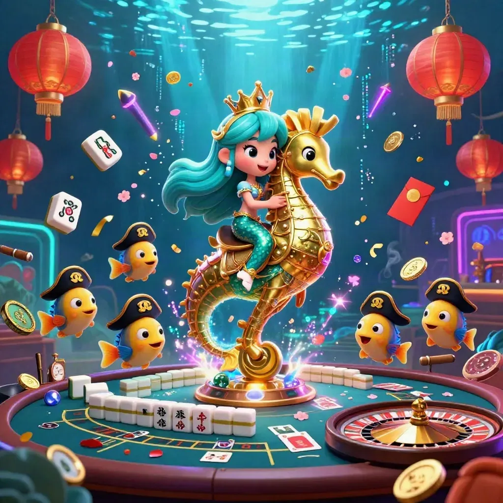 Mermaid princess on seahorse amid casino and underwater neon chaos