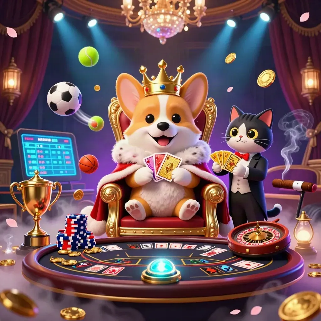 Royal corgi and cat butler in a luxe casino with sports balls, coins, and glowing lights.