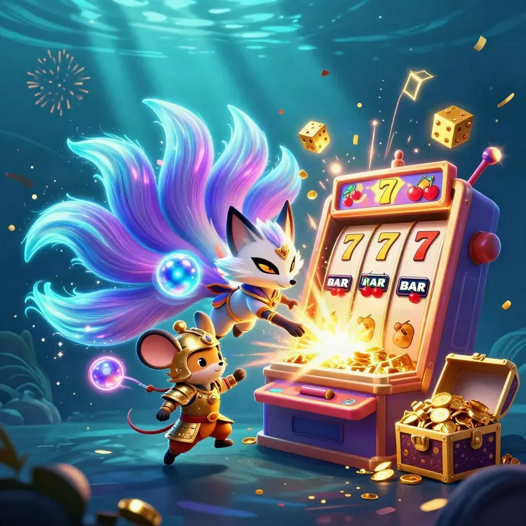 Fox spirit and armored mouse amid exploding slots, gold, neon swirls, and treasure