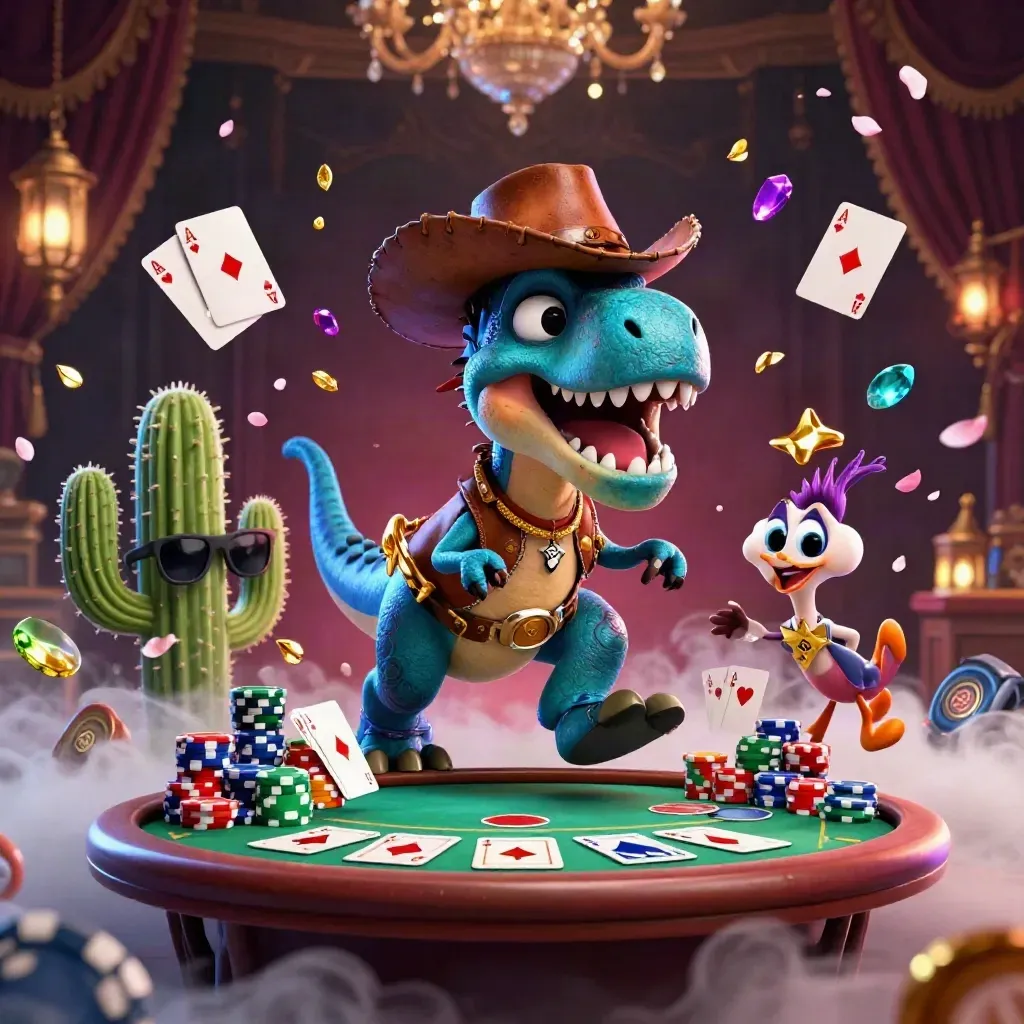 Cowboy T-Rex, cactus sidekick, and roadrunner explode around a poker table in neon casino western style.