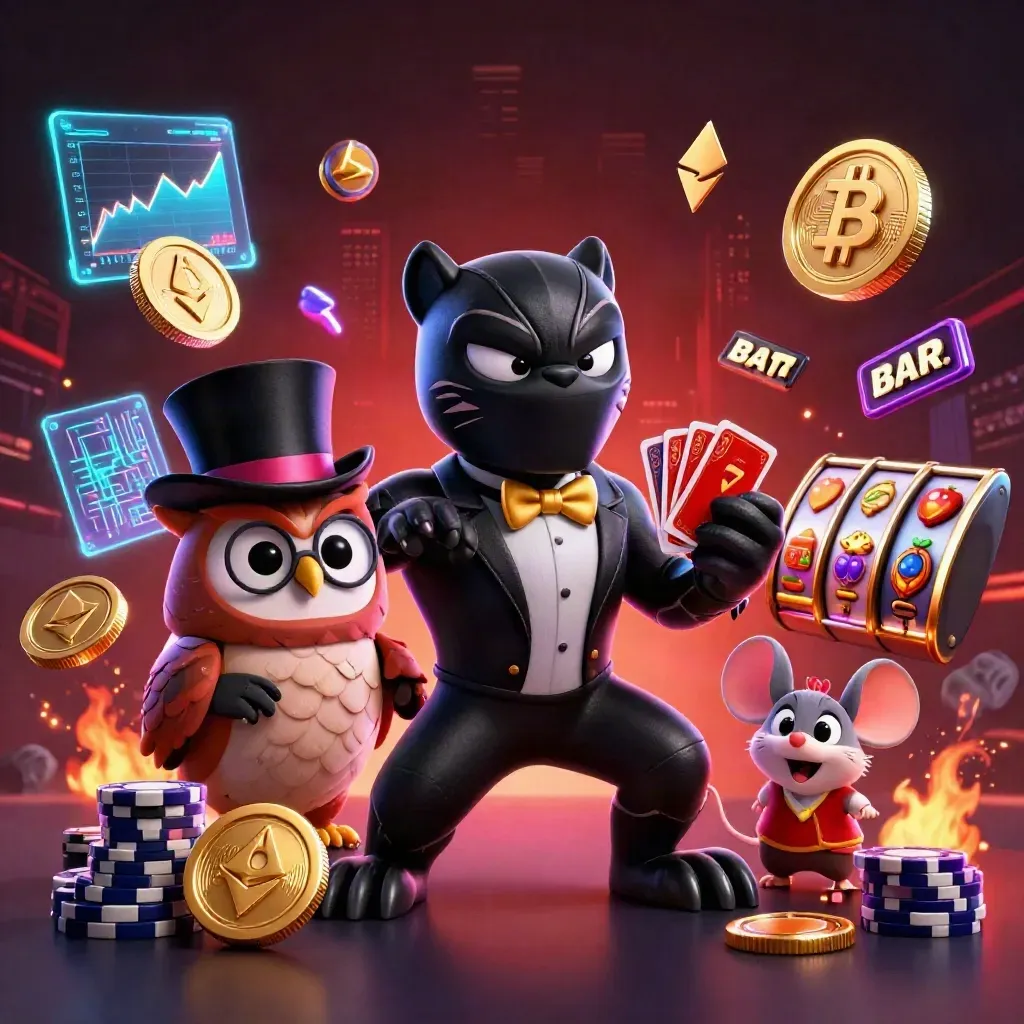 Panther dealer, owl chip boss, and mouse amid neon coins, lightning, embers, and casino chaos.