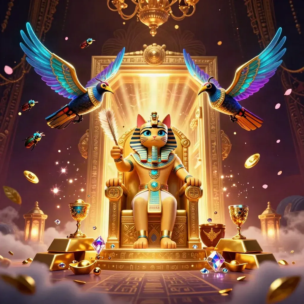 Pharaoh cat and ibis scribe amid a vault blast, gold, gems, and scarab wings in neon casino glow.