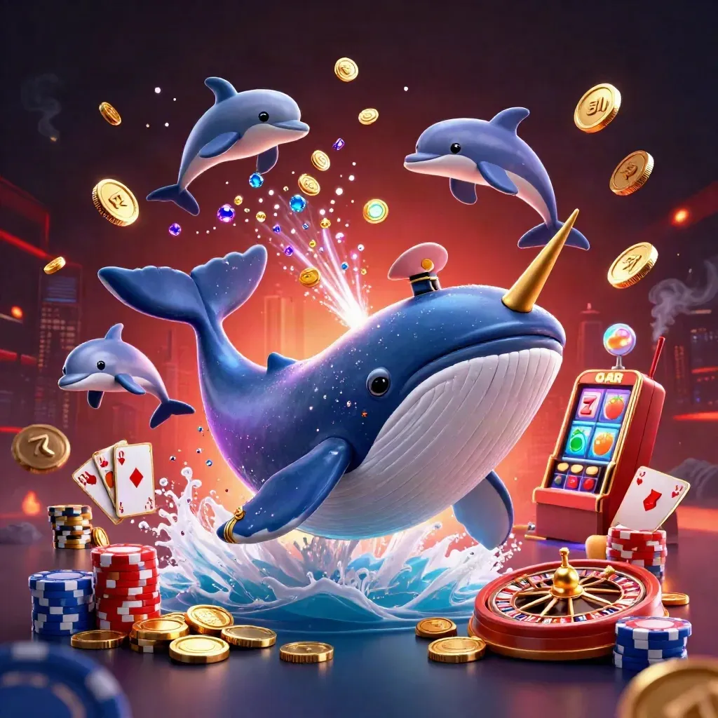 Whale captain, narwhal, and dolphins burst through coins with casino effects.