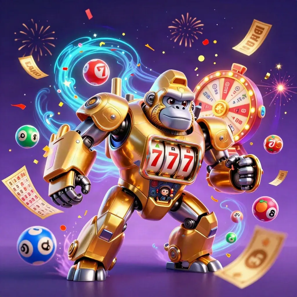 Golden gorilla mech with monkey pilot blasting slot sparks, lottery balls, and neon casino magic