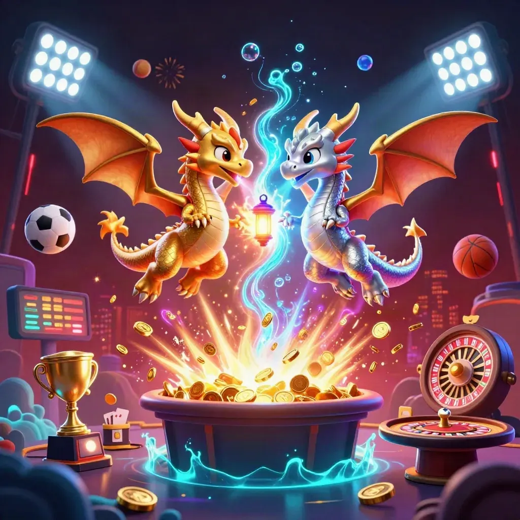 Gold and silver dragons spiral in a coin burst with games, cards, fireworks, and neon casino glow.