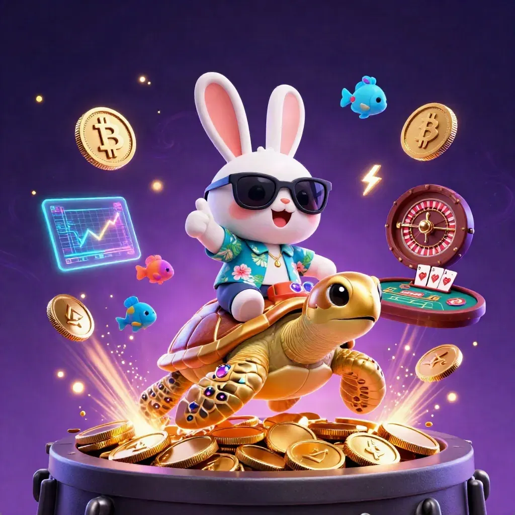 Lucky rabbit rides a jeweled sea turtle amid coins, fireworks, and neon casino effects.
