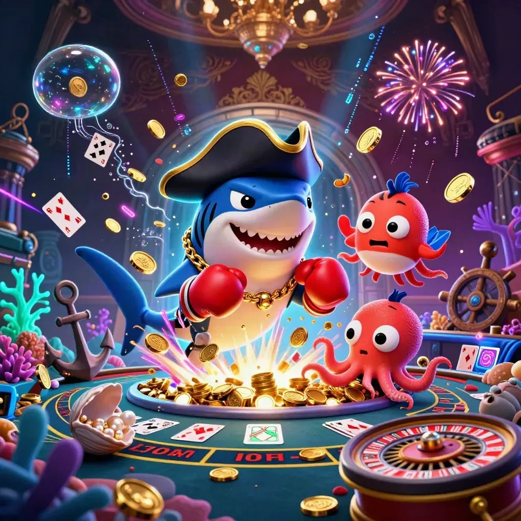 Pirate shark, pufferfish, and baby octopus in a coin explosion with casino props