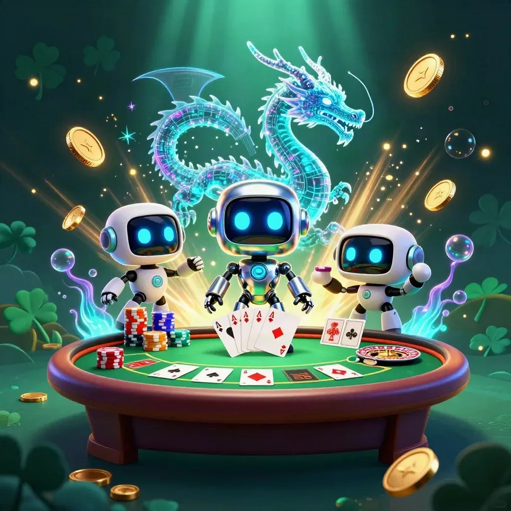 Cyberpunk robot, holographic dragon, and coin drone amid casino treasure, chips, cards, and fireworks.