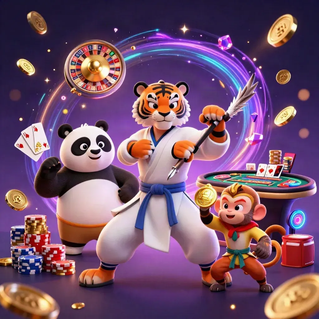 Kung-fu tiger, panda, and monkey amid coins, gems, roulette, and casino glow