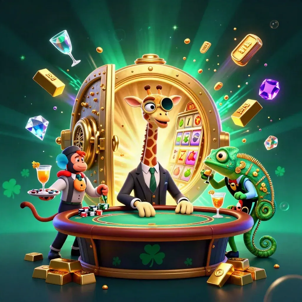 Giraffe, monkey valet, and chameleon bartender burst around a glowing vault with casino symbols