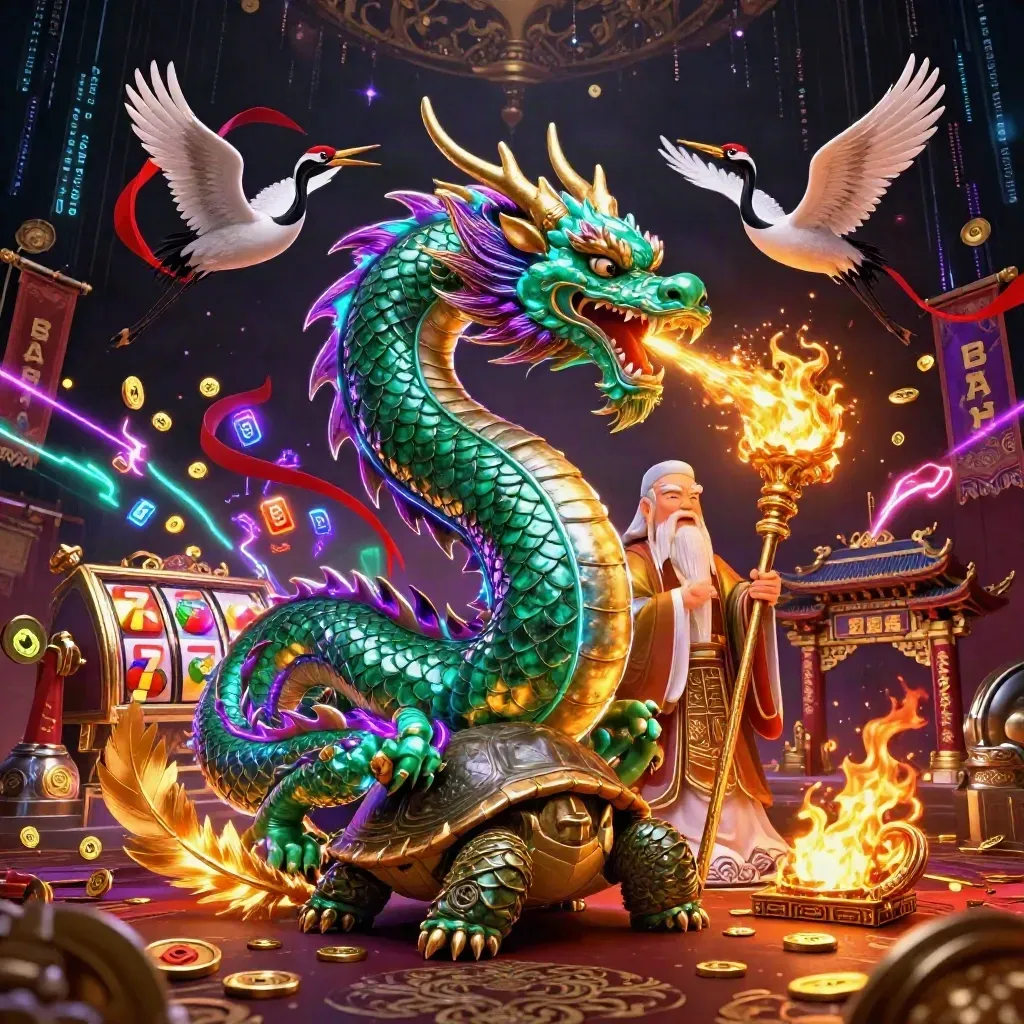 Jade dragon, turtle sage, and cranes amid gold fire, casino relics, and neon energy.