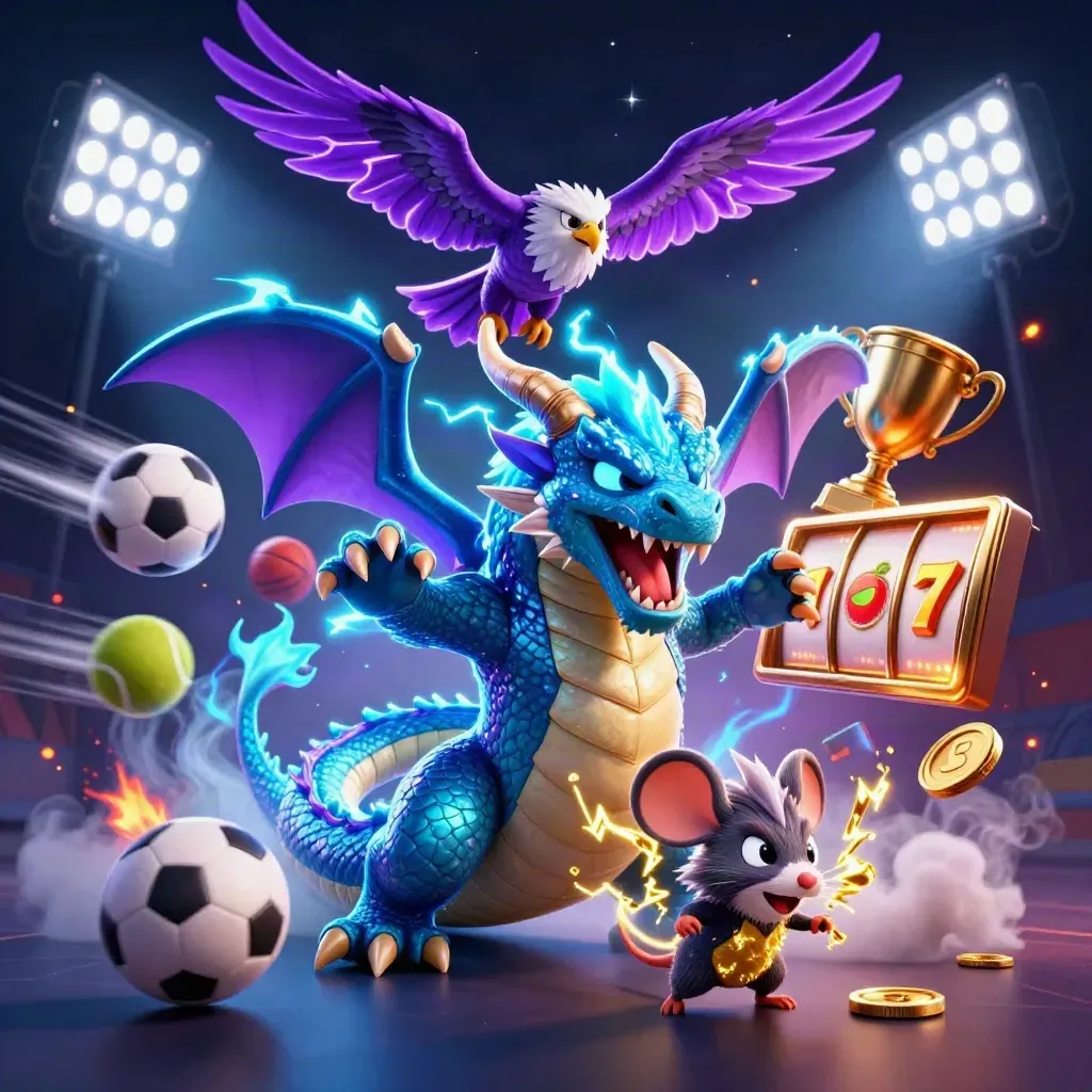 Thunder dragon, wind hawk, and crackling mouse amid casino lights and flying sports balls.