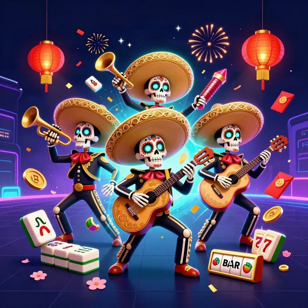 3D skeleton mariachi trio amid neon casino reels, lanterns, coins, confetti and fireworks