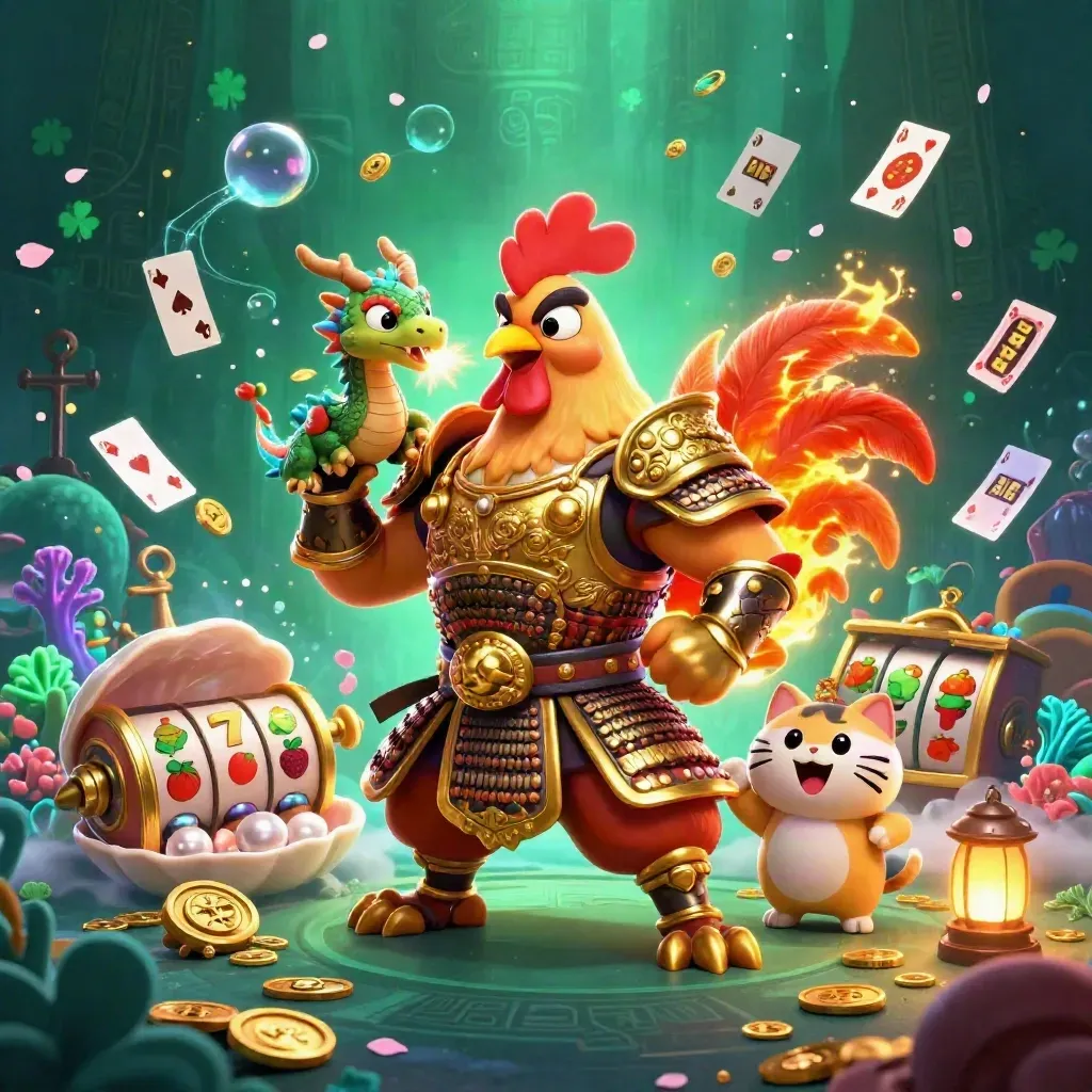 Rooster samurai, spark-breathing hatchling and cheering fortune-cat in a jewel-lit treasure cove.