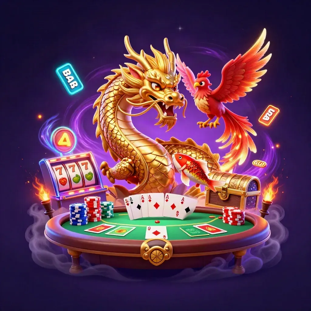 Golden dragon with phoenix and koi over casino icons, purple neon glow