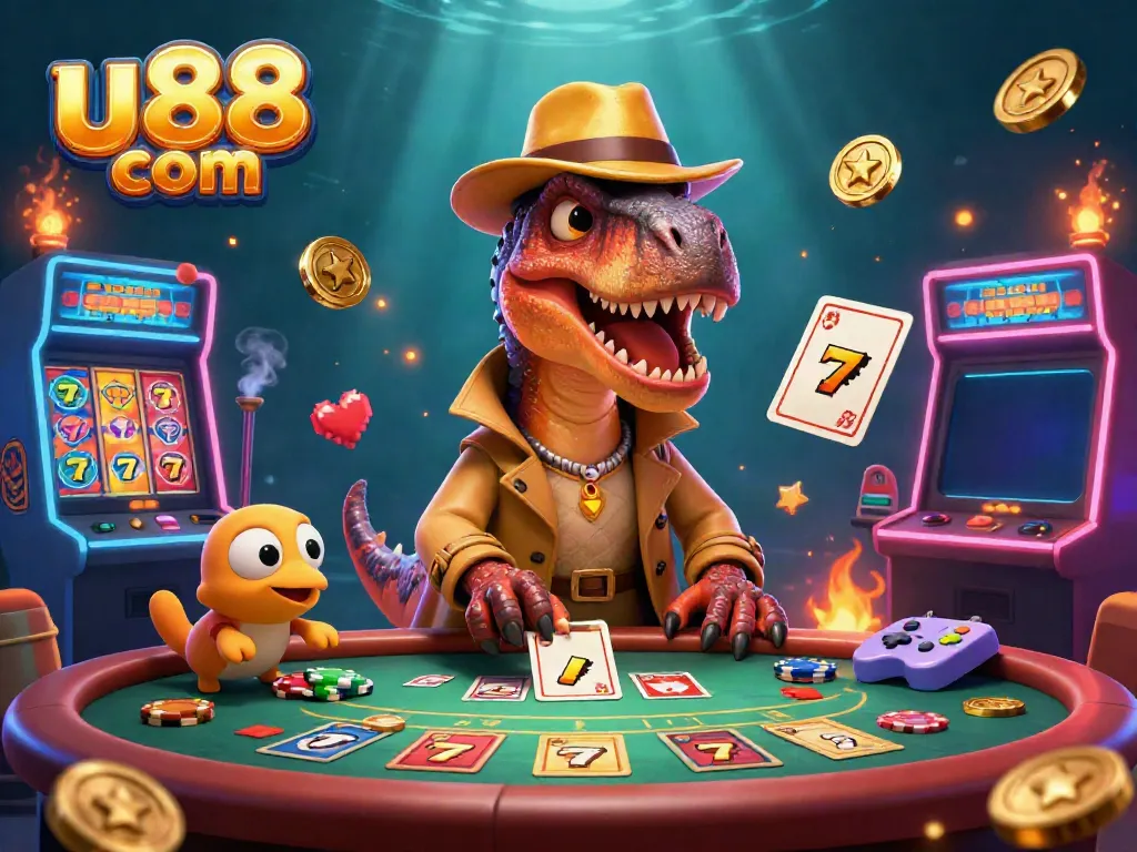 Participate in thrilling slot experiences at u88 com, featuring a velociraptor card counter and exciting casino visuals.