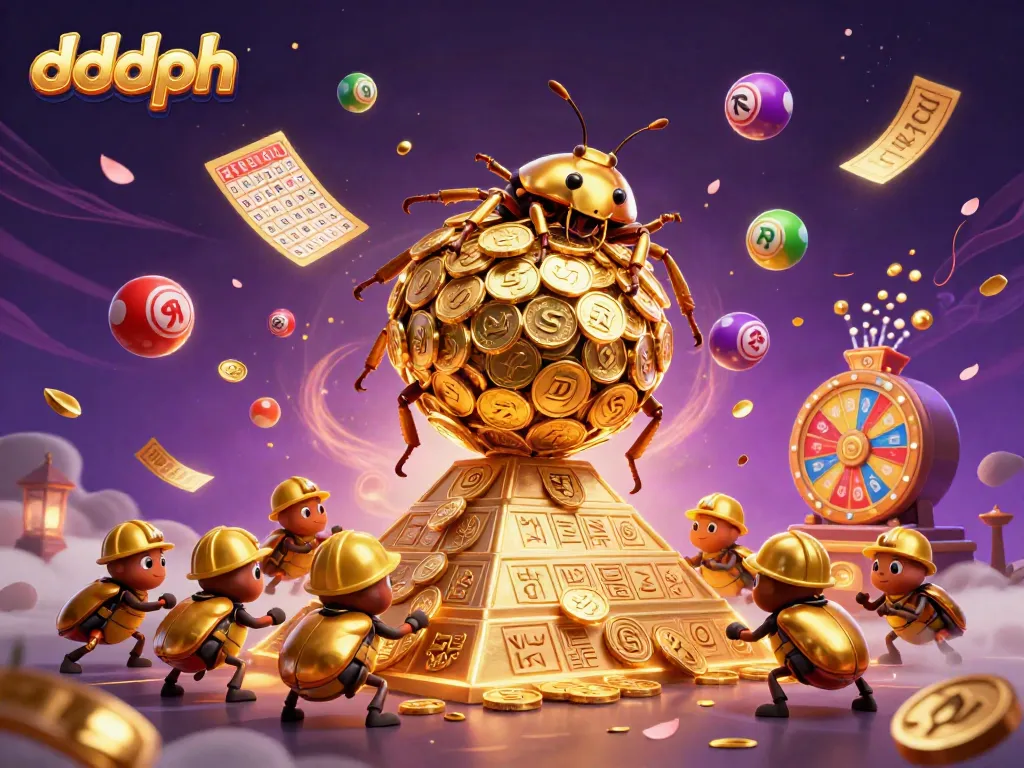Engage with dddph gaming excitement, featuring a golden dung beetle rolling coins amidst vibrant lottery elements.