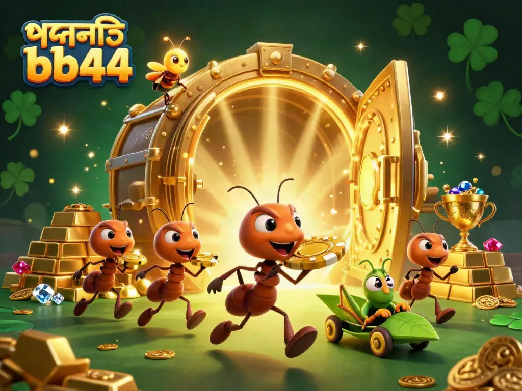 Engaging 3D illustration of a team of ants enacting a heist for a golden poker chip, reflecting the spirit of পদোন্নতি bb44.