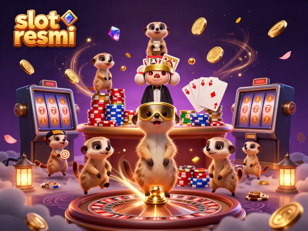Experience thrilling wins at slot resmi with playful meerkats managing a vibrant casino scene.