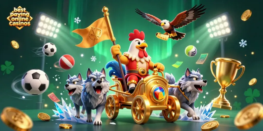 Experience the best paying online casinos with a dynamic scene featuring a rooster warlord in a golden chariot.