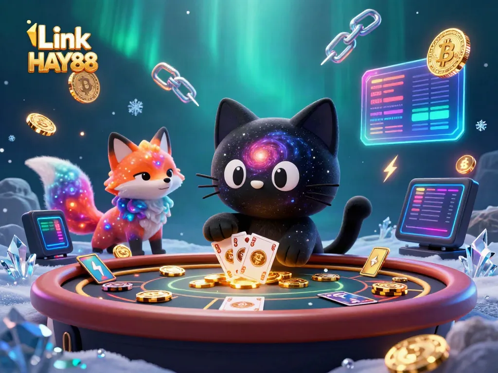 Engage in cosmic gaming with Link HAY88 as a black hole cat attracts golden chips at a vibrant casino.