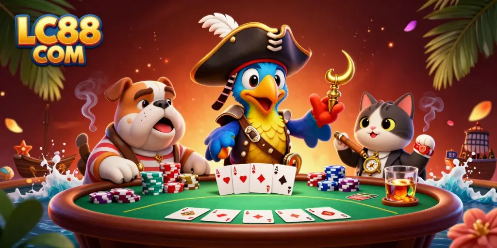 Experience thrilling gameplay at LC88 COM with an exciting casino scene featuring pirates and poker elements.