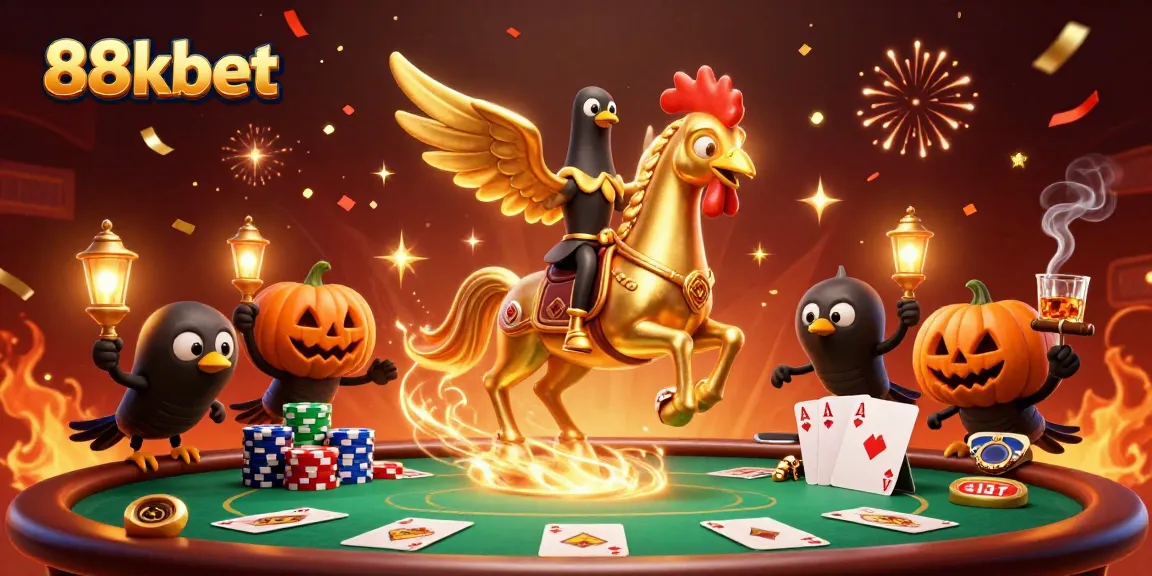 Experience the excitement of 88kbet with a golden rooster and spooky companions in a lively casino environment.