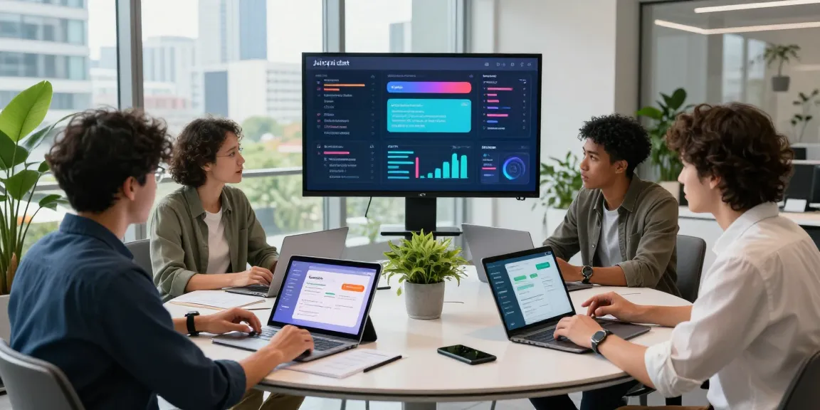 Team collaborating on juicy ai chat application in a modern workspace with tech displays and city views.