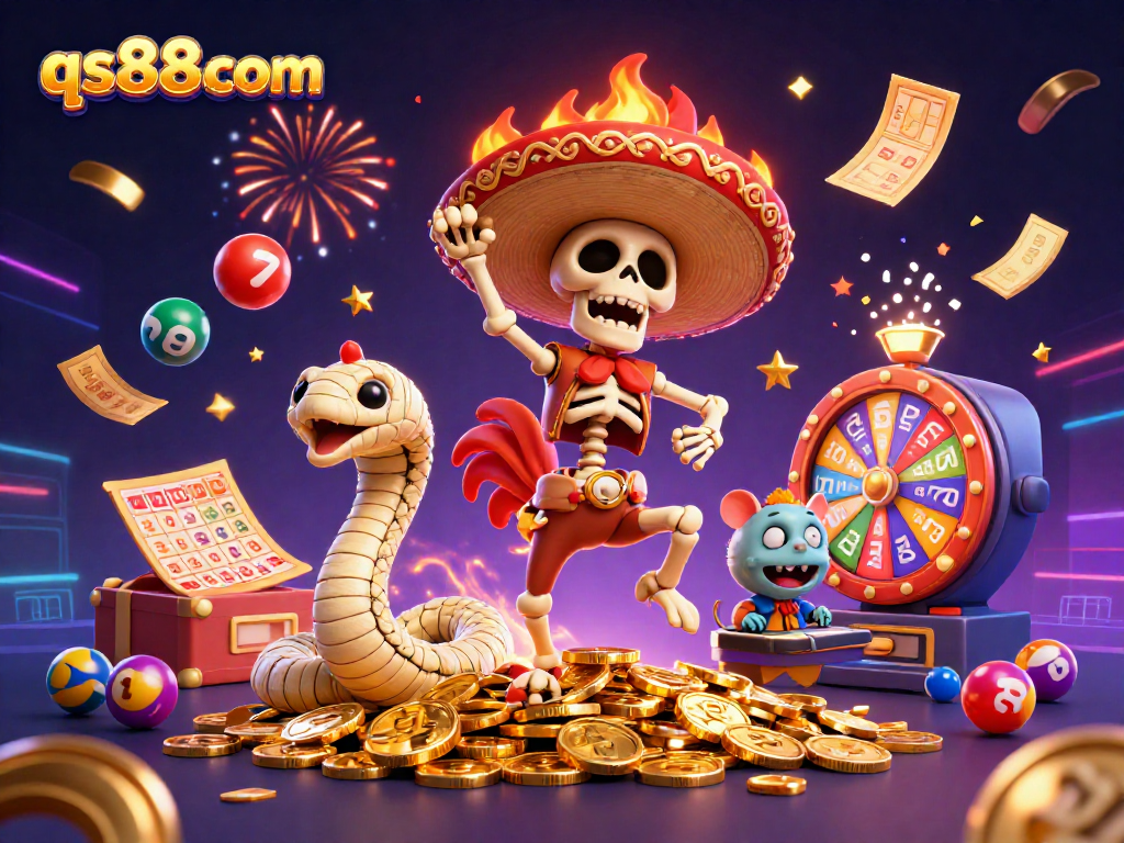 Join the excitement at qs88com with a lively lottery scene featuring colorful balls and winning moments.