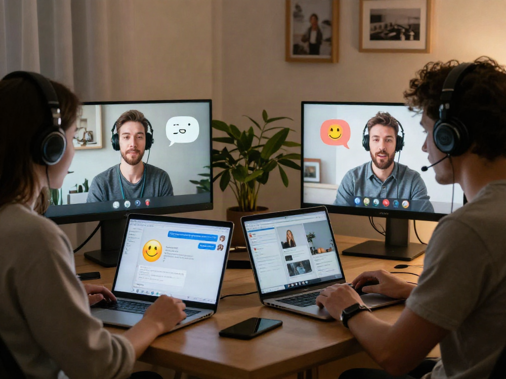 Interactive sex chat session between users with glowing screens and cozy backgrounds.