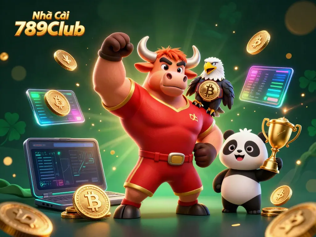 Engage with Nhà cái 789Club in this vibrant 3D casino scene featuring iconic characters and crypto elements.