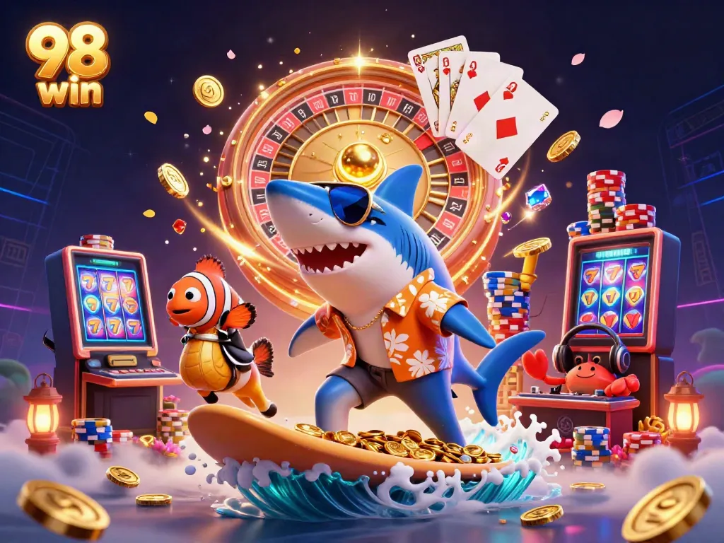 Experience excitement at 98 win with a dynamic 3D casino scene featuring vibrant characters and gambling elements.