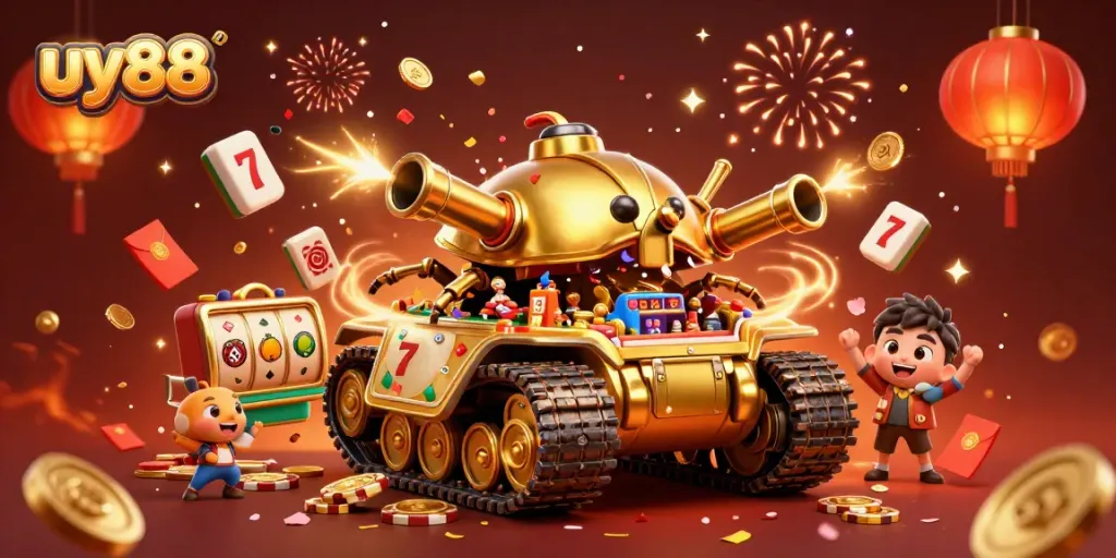 Experience the excitement of uy88 with a vibrant casino-themed, 3D illustration showcasing dynamic slot machines and festive elements.