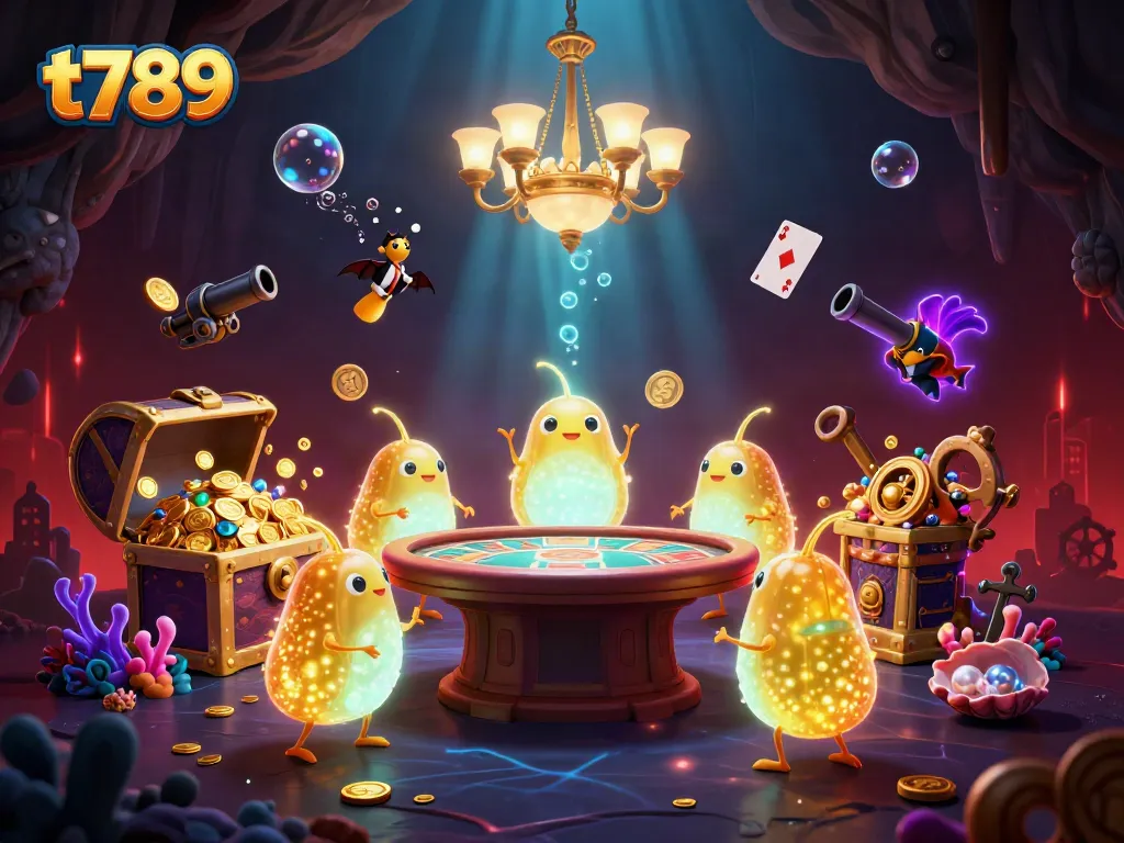 Experience the vibrant t789 casino scene with glowworms and a bat dealer lighting the underwater treasure.