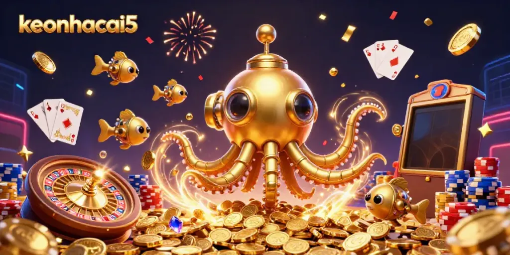 Experience the excitement of keonhacai5 with an animated golden kraken submarine amid casino elements.
